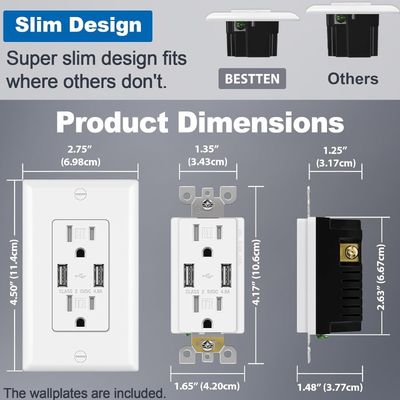 PC ABS Dual USB Wall Outlet 20A 125V AC Tamper Resistant Socket Receptacle Module