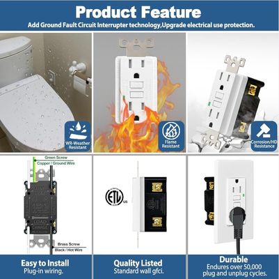 15A 125V 60Hz GFCI Electrical Outlet Safe Self-Grounding Wall Mounted Receptacle Unit