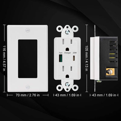 QC3.0 PD3.0 125V AC 60Hz Fast Charging USB C Wall Outlet Socket Receptacle Module