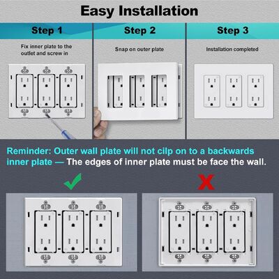 cULus Certified 3-Gang Screwless Wall Plate 119x166mm Tool-Free Snap-On Decor Cover for Standard Electrical Socket