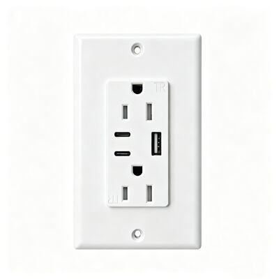 15A White USB Wall Outlet Tamper-Resistant Duplex Receptacle with USB-A Dual Type-C 5V 5.0A Maximum Speed Charging Ports